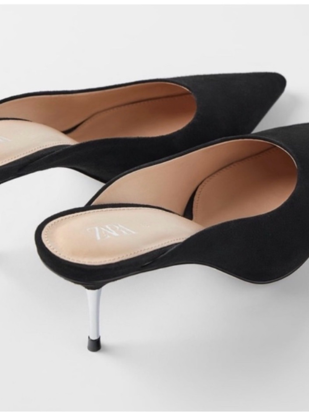 Zara Black Pointed Toe Mules Metallic Silver Kitten Heels EU 39/US 8.5